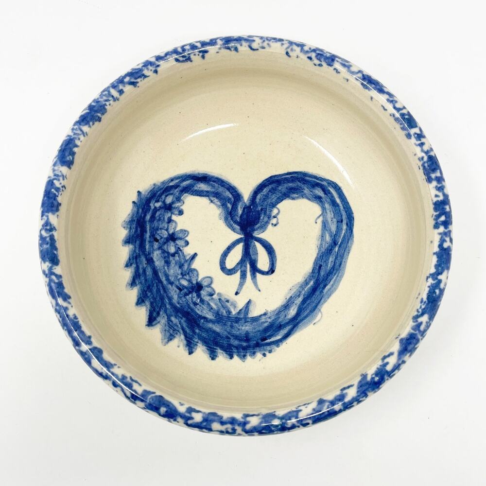 Casey Pottery Marshall TX Hand Painted Blue Floral Heart Cream Ceramic Bowl